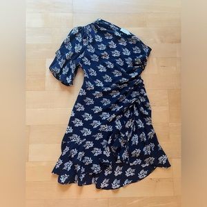 A.L.C Silk One-Shoulder Navy Blue and White Floral Print Mini Dress
